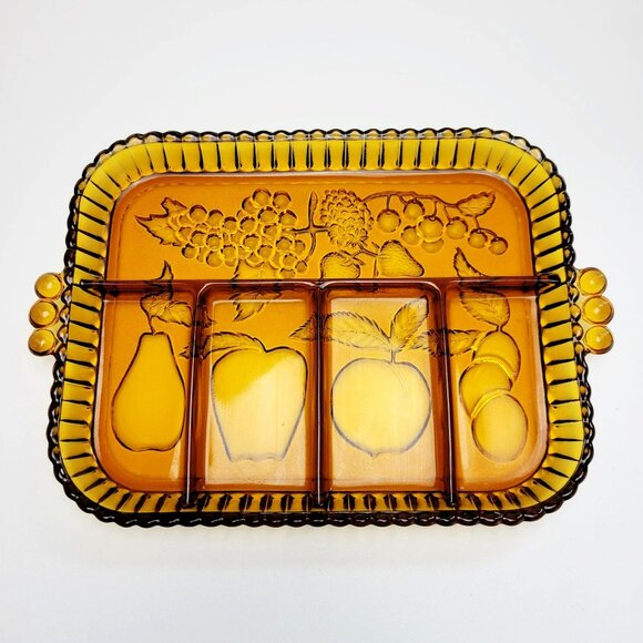 Vintage Indiana Glass Amber Divided Relish Serving Tray Fruits Apple Grapes USA - Picture 1 of 10